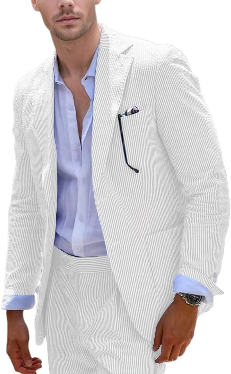 Blue Seersucker Suit 2 Piece Summer Beach Wedding Groom image 1