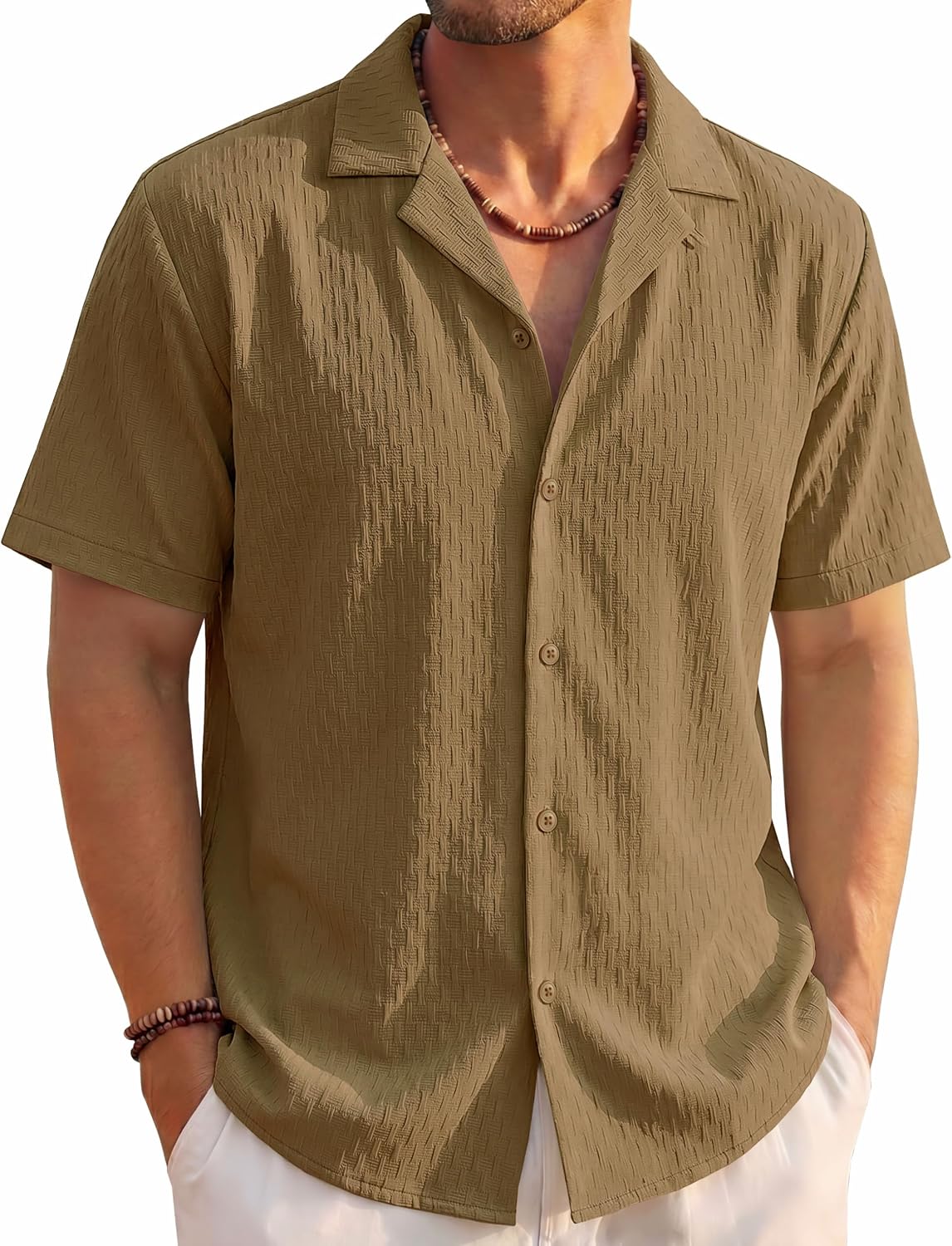 EKLENTSON Button Down Shirts Short Sleeve Textured Summer image 1